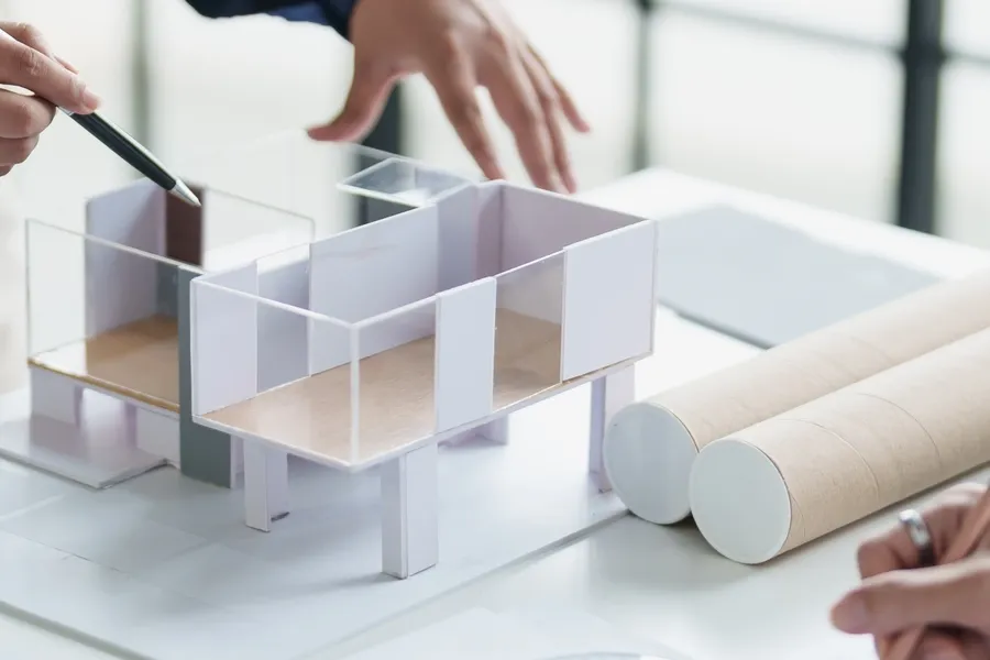 Person drawing a model of a house on a table with a pen, surrounded by charts and other objects