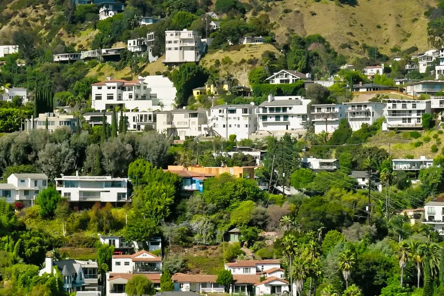 Hillside with a number of houses on it, surrounded by trees and poles