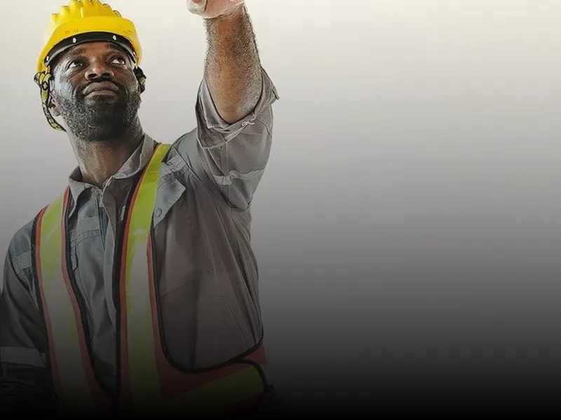 Man wearing a yellow hard hat and safety vest, raising his fist in celebration