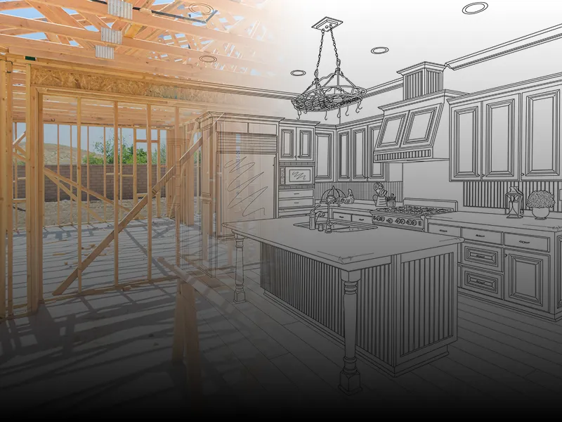 Drawing of a kitchen with a large island in the middle of it, featuring a platform with drawers, cupboards